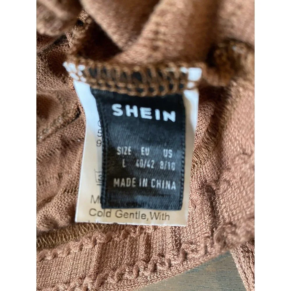 Shein Shirt Women's Large Long Sleeve Crop Front Wrap Stretchy Brown Top V Neck